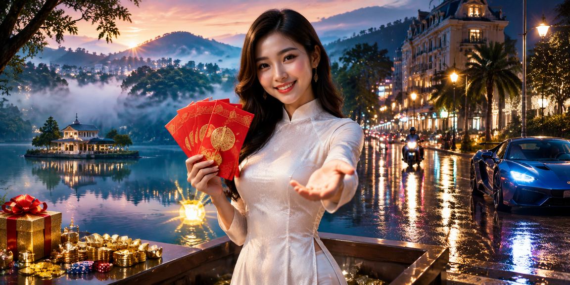 Người phụ nữ áo dài nhận phong bì đỏ may mắn tại Đà Lạt trong sự kiện Tết online